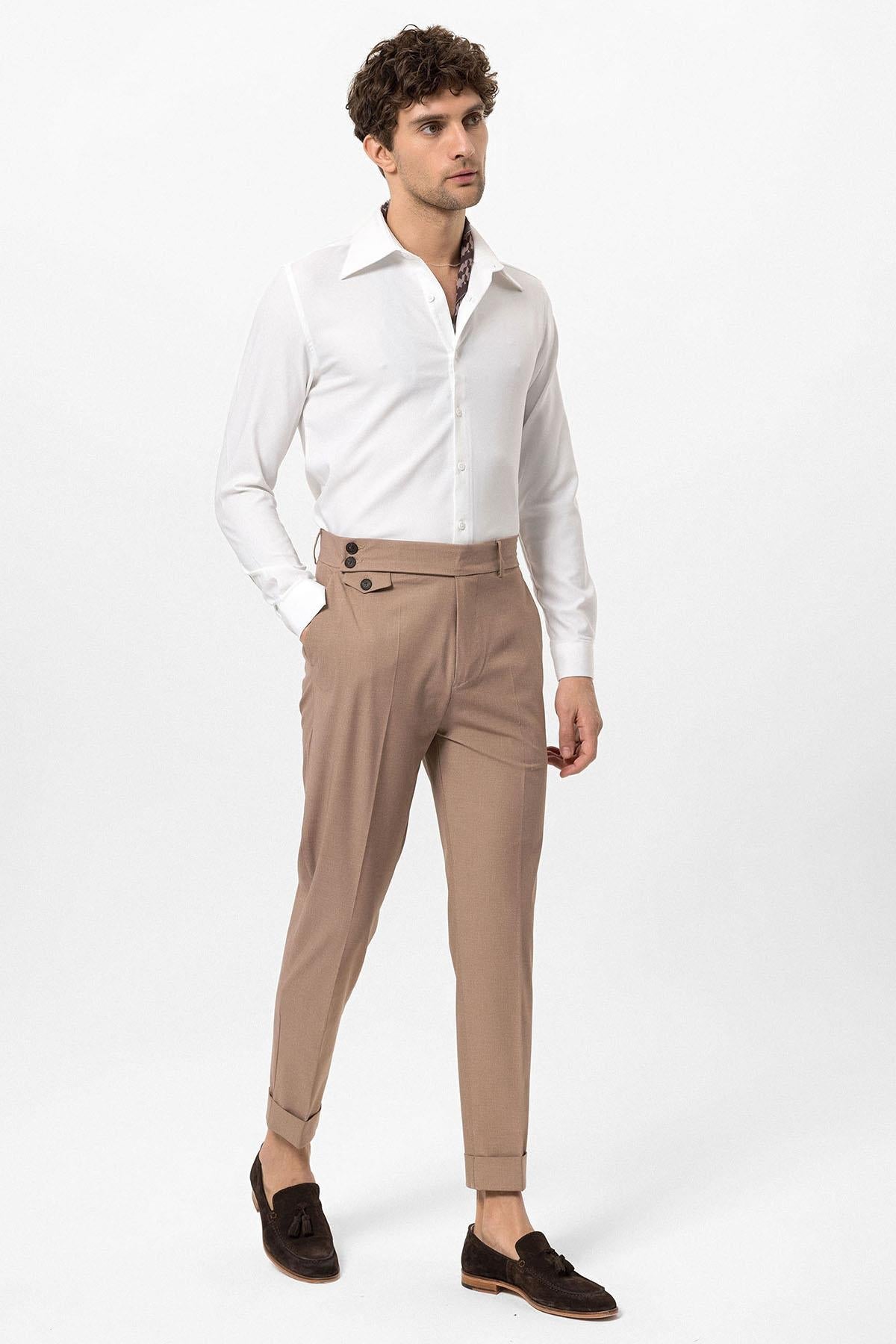 Men's Camel High Waist Button Closure Trousers