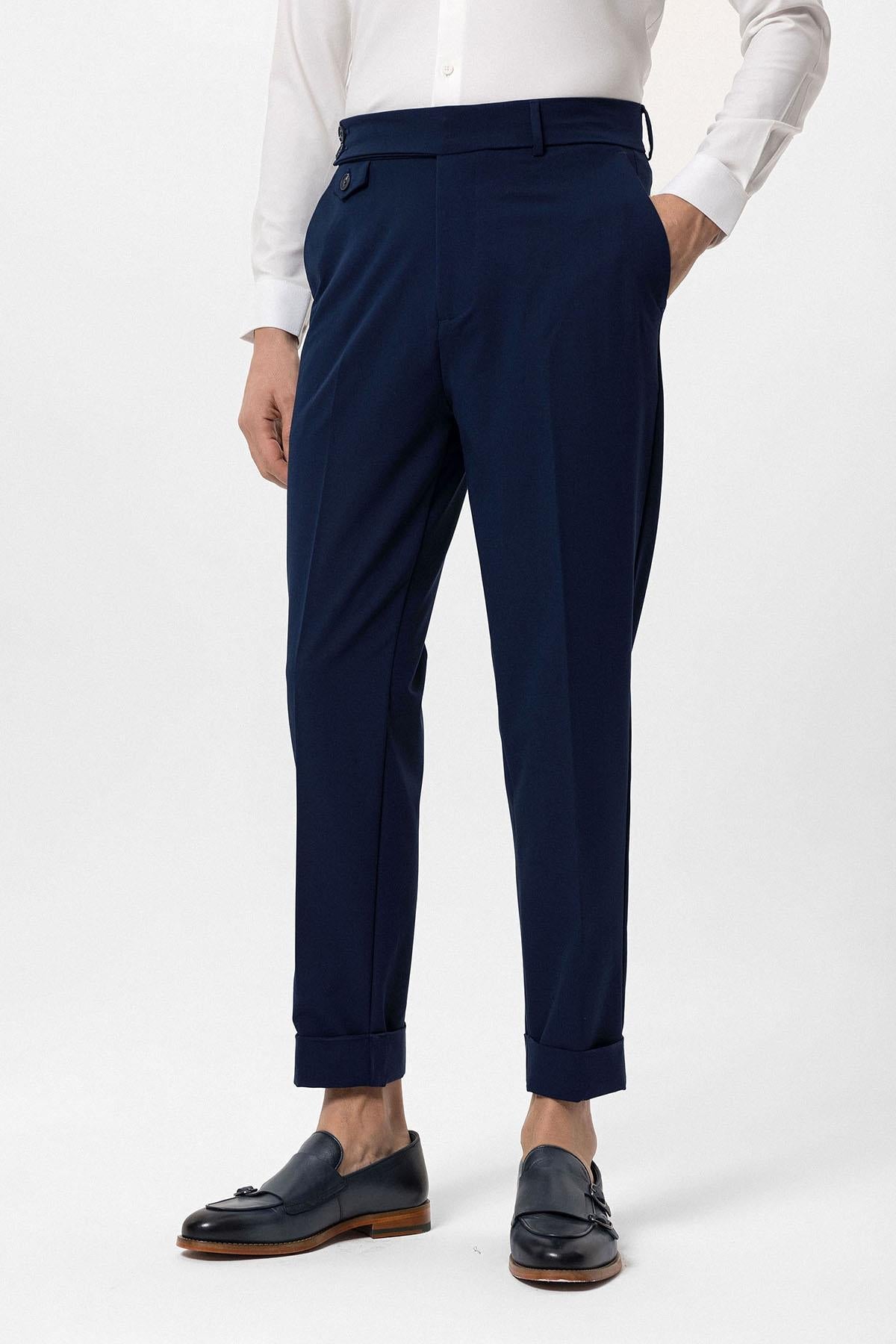 Men's Navy Blue High Waist Button Closure Trousers