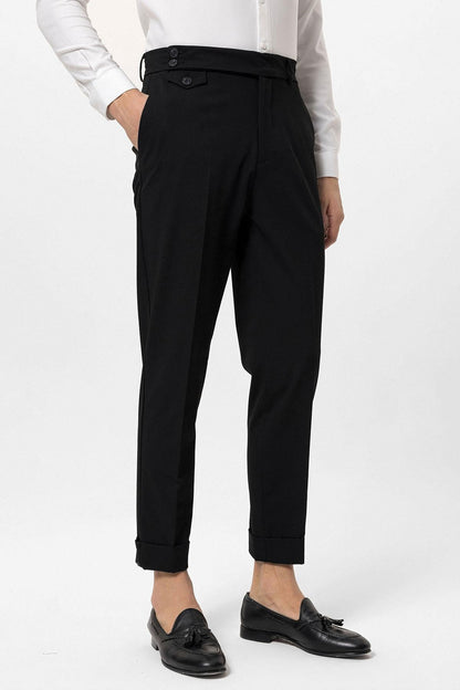 Men's Black High Waist Button Closure Trousers