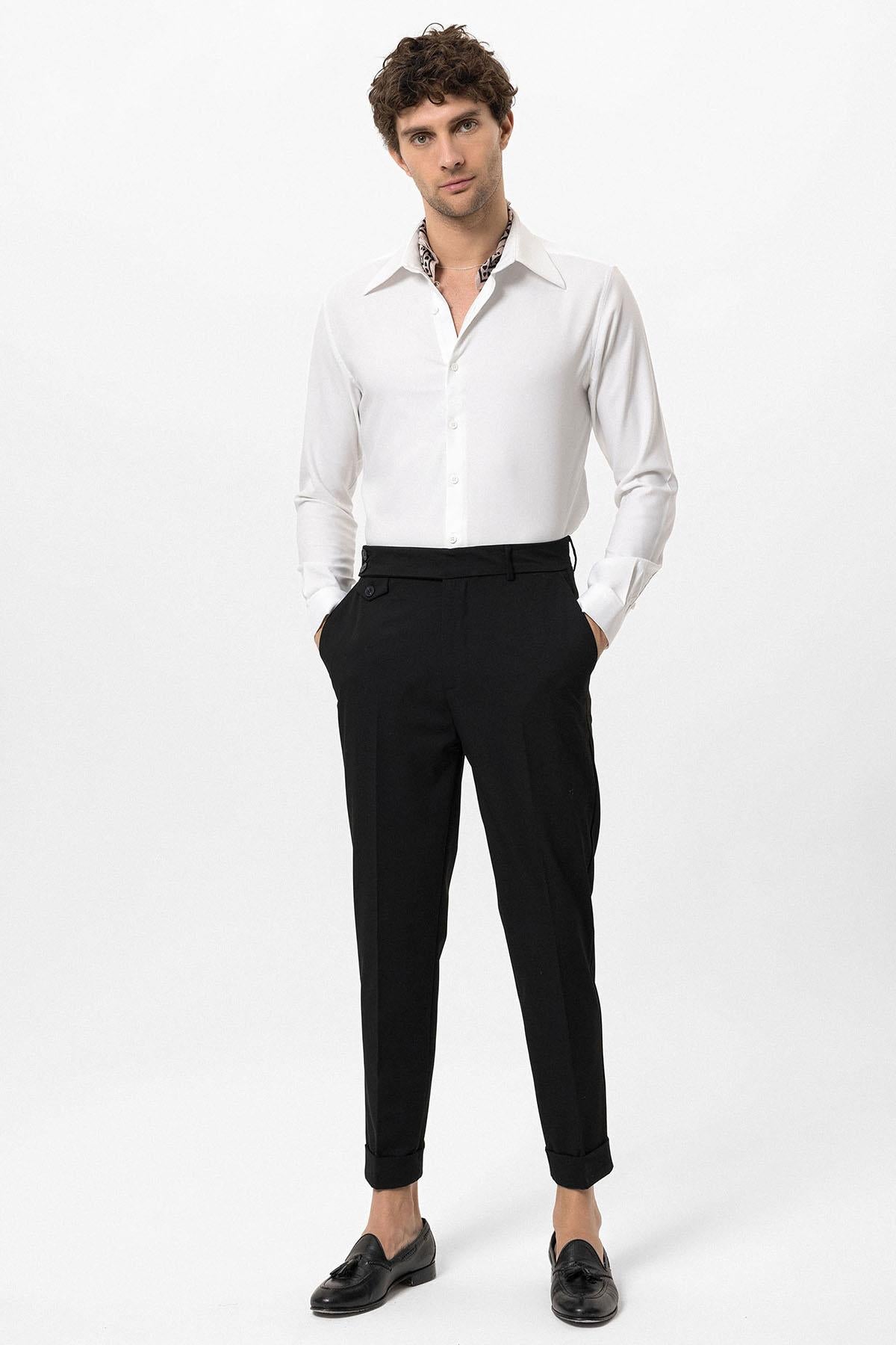Men's Black High Waist Button Closure Trousers