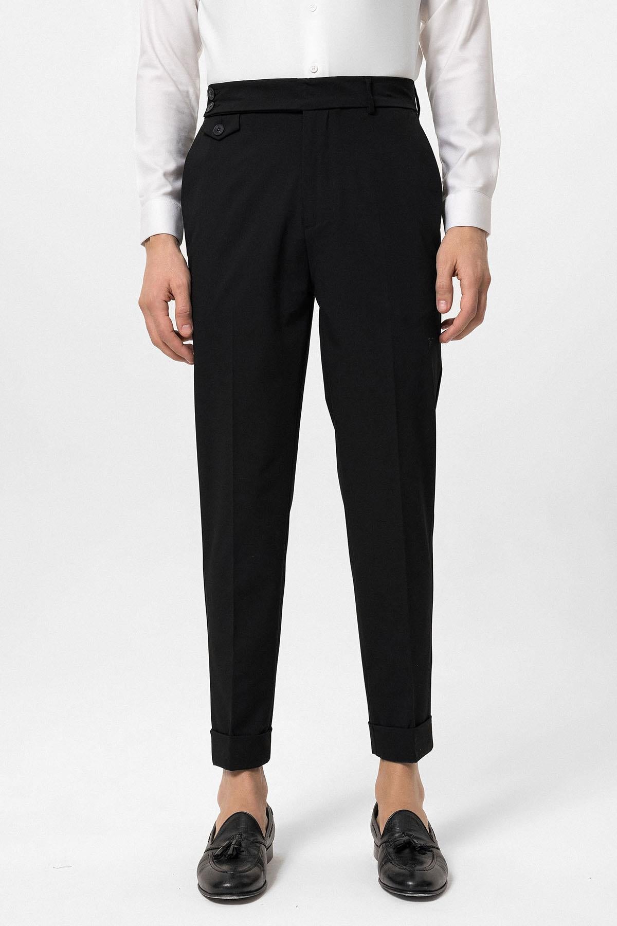 Men's Black High Waist Button Closure Trousers