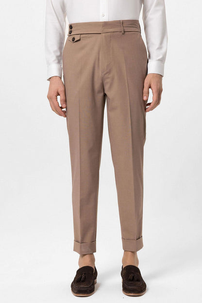 Men's Camel High Waist Button Closure Trousers