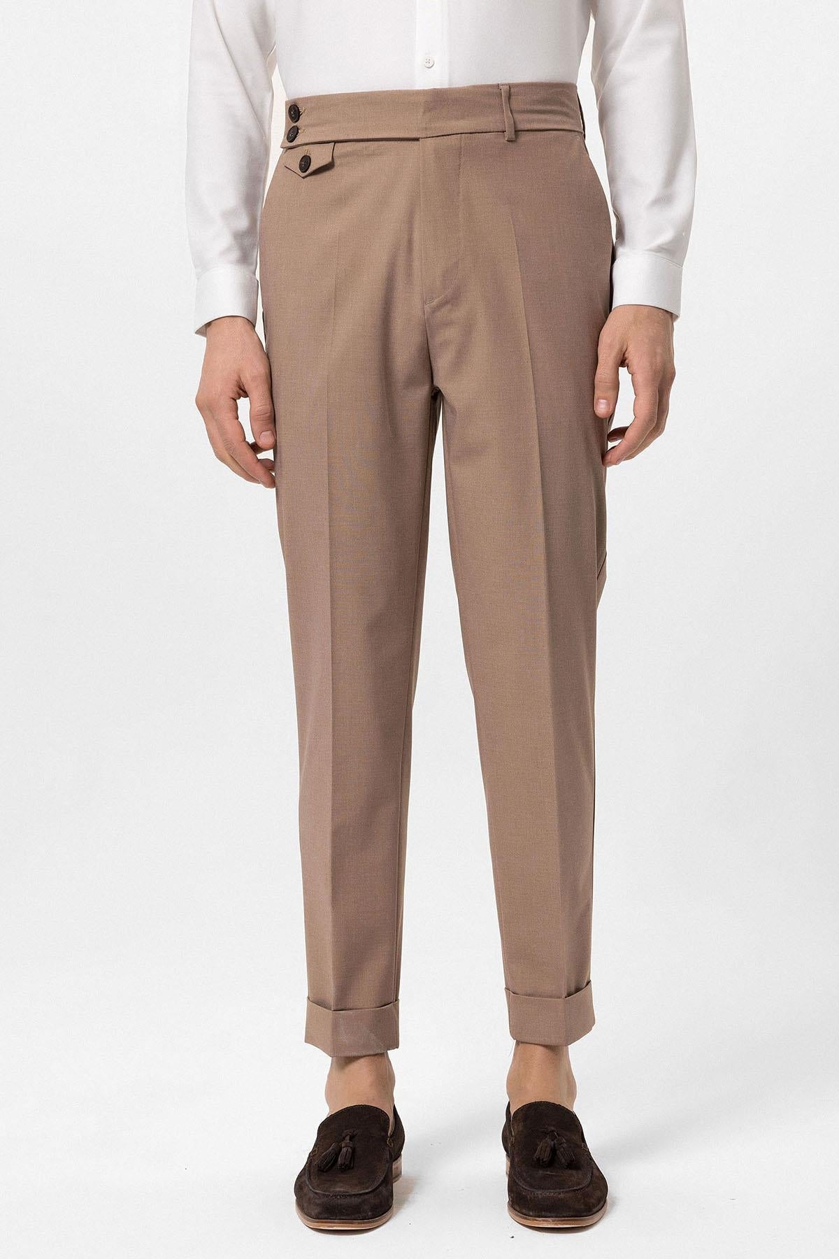 Men's Camel High Waist Button Closure Trousers