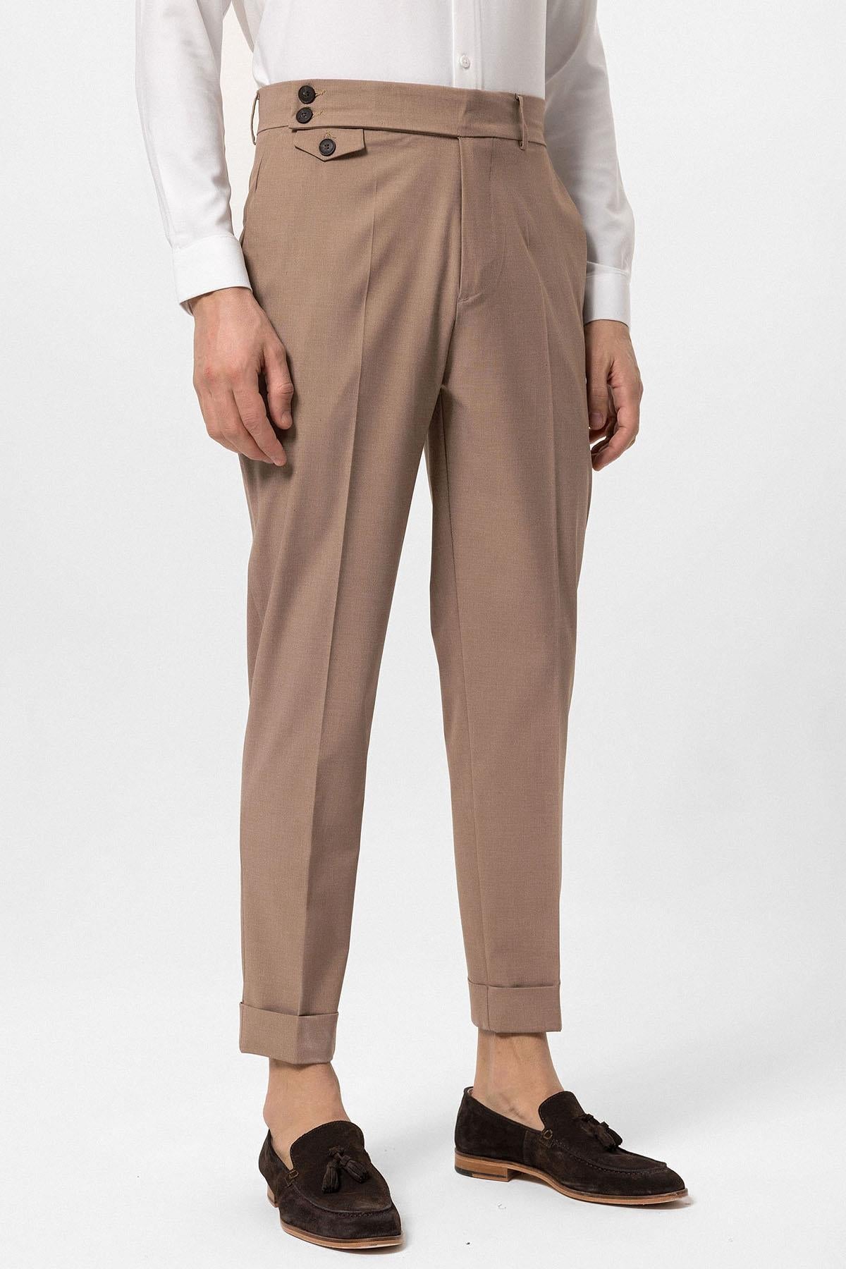 Men's Camel High Waist Button Closure Trousers