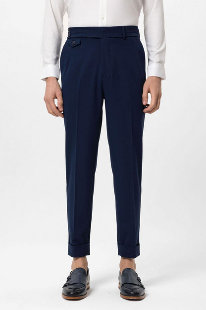 Men's Navy Blue High Waist Button Closure Trousers