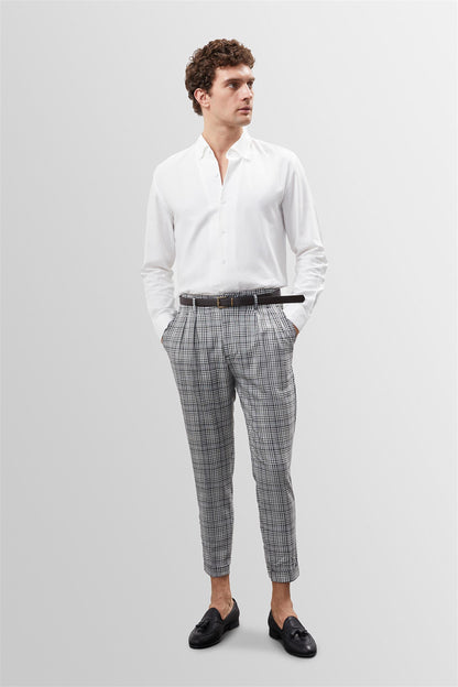 Men's Black Plaid High Waist Belted Trousers
