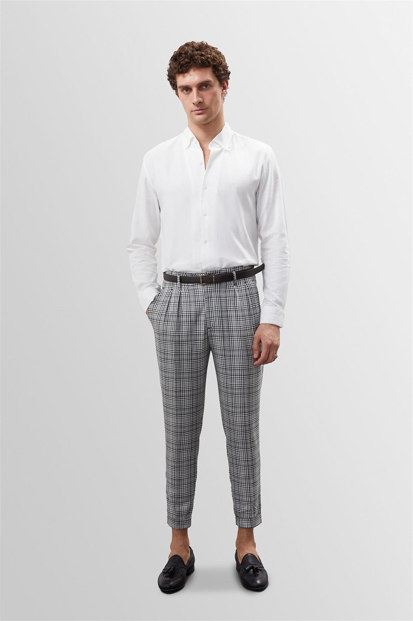 Men's Black Plaid High Waist Belted Trousers