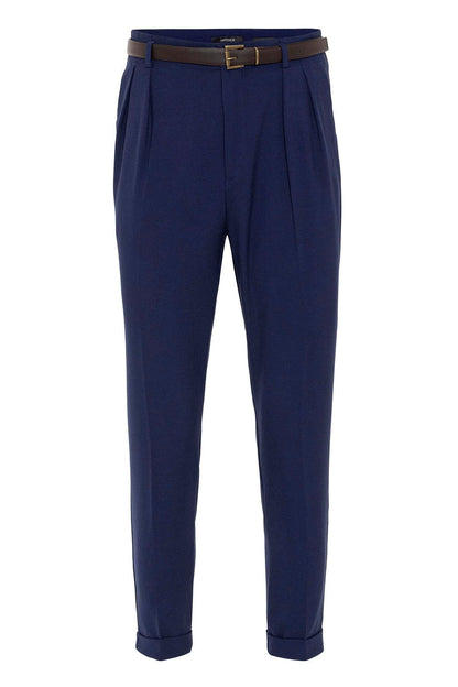 Men's Light Navy Blue High Waist Belted Trousers