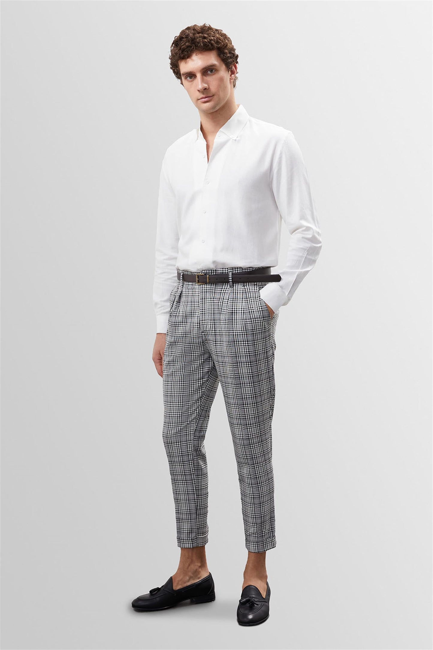 Men's Black Plaid High Waist Belted Trousers