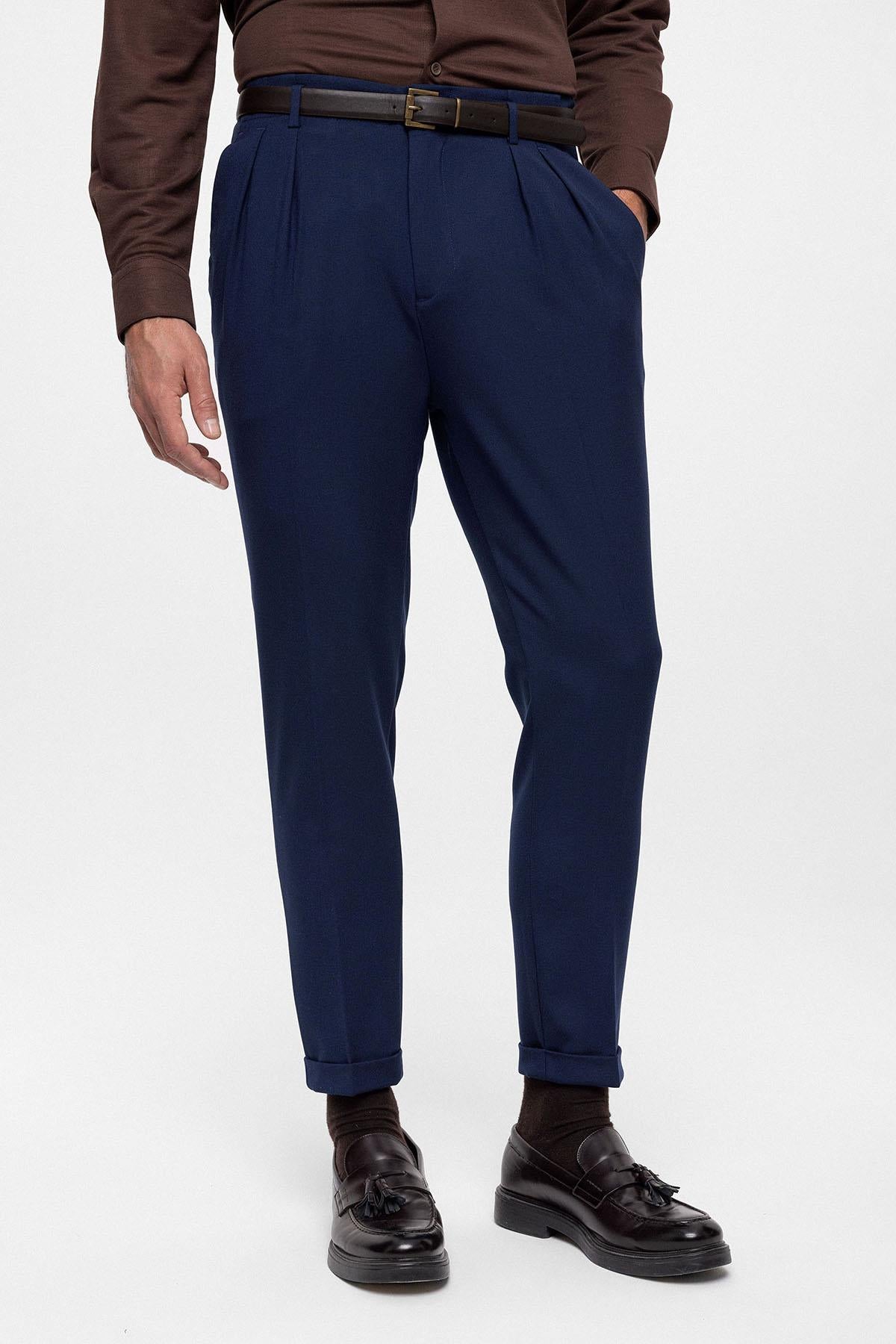 Men's Light Navy Blue High Waist Belted Trousers
