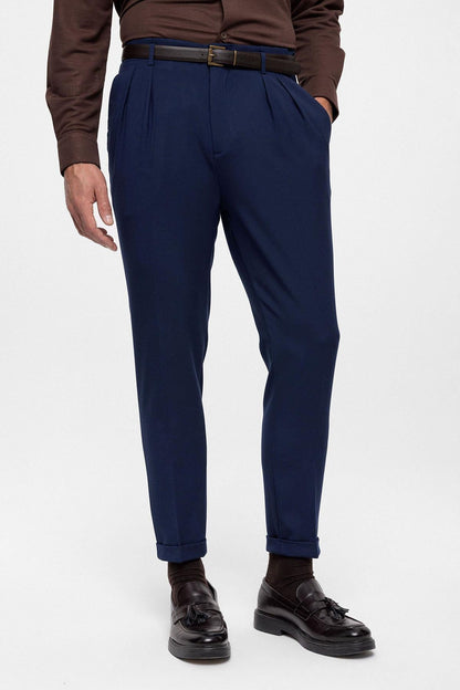 Men's Light Navy Blue High Waist Belted Trousers