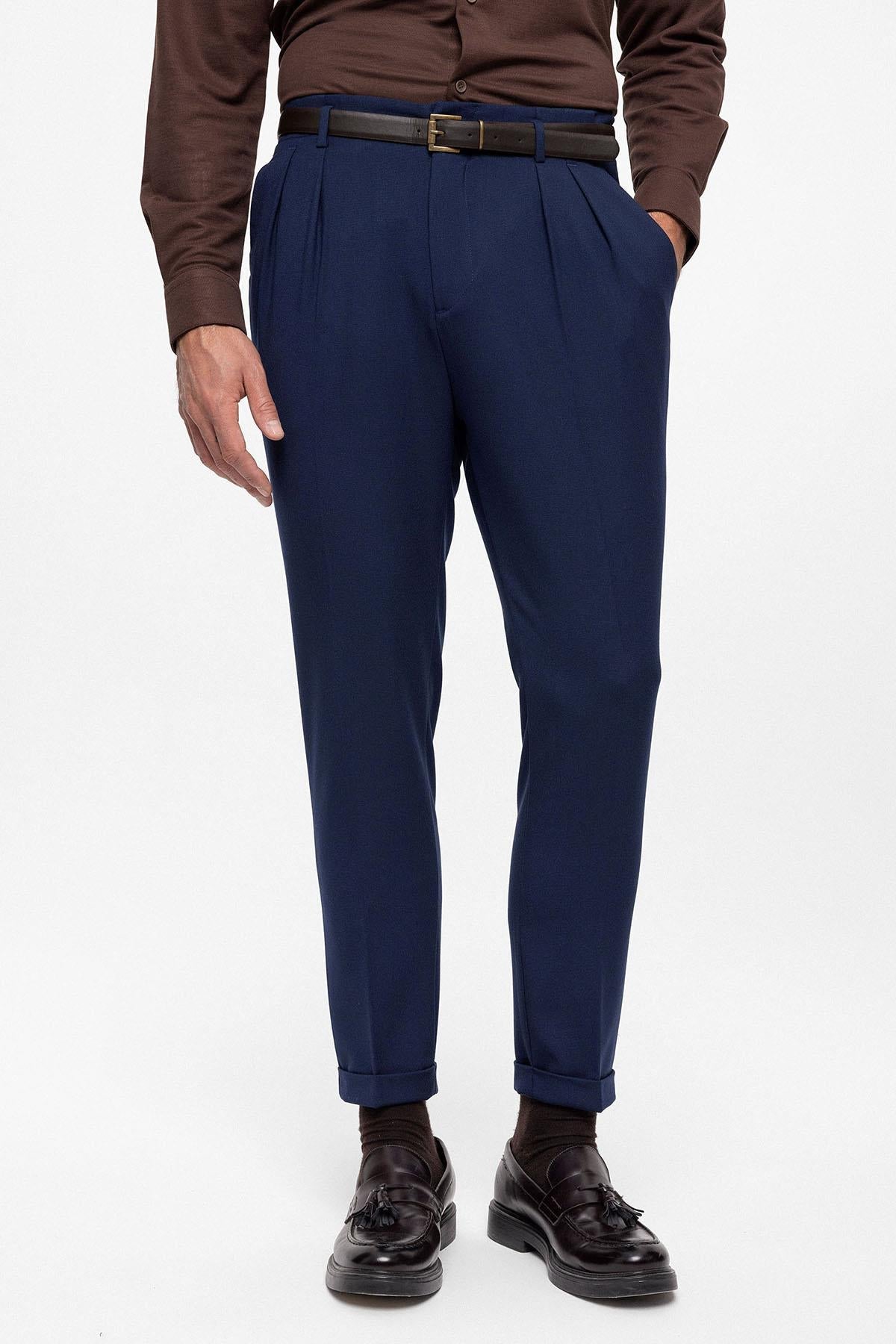 Men's Light Navy Blue High Waist Belted Trousers
