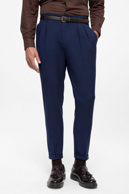 Men's Light Navy Blue High Waist Belted Trousers