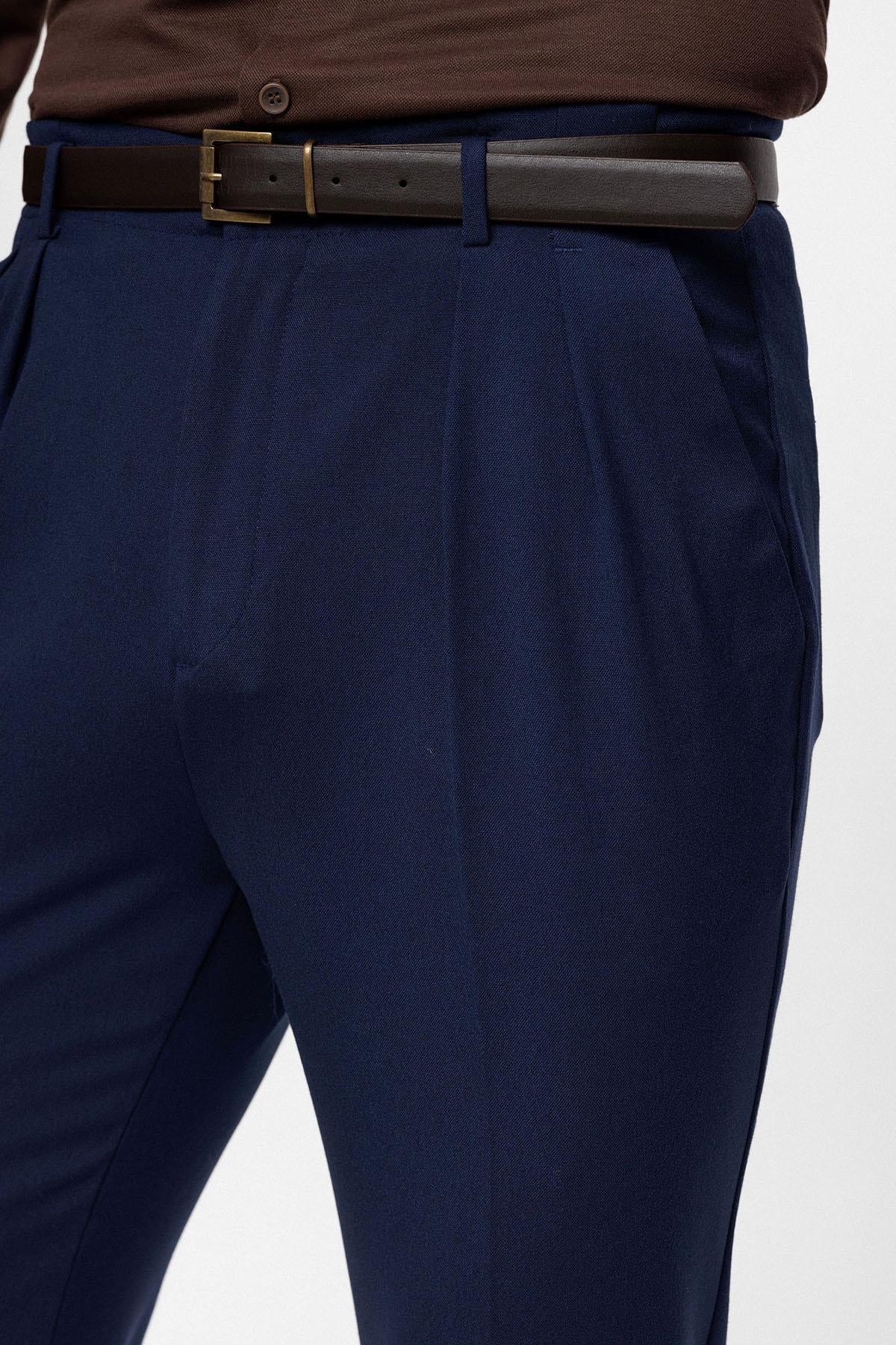 Men's Light Navy Blue High Waist Belted Trousers