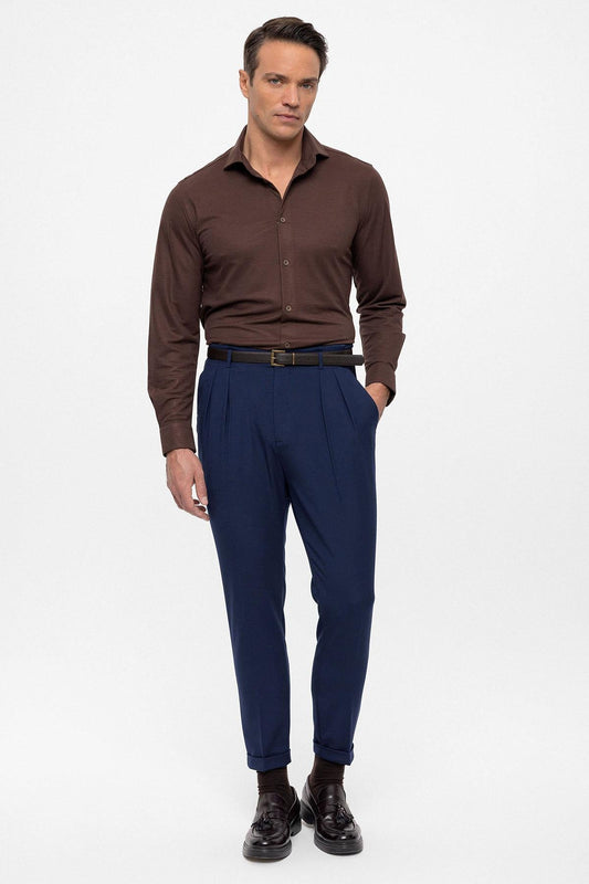 Men's Light Navy Blue High Waist Belted Trousers