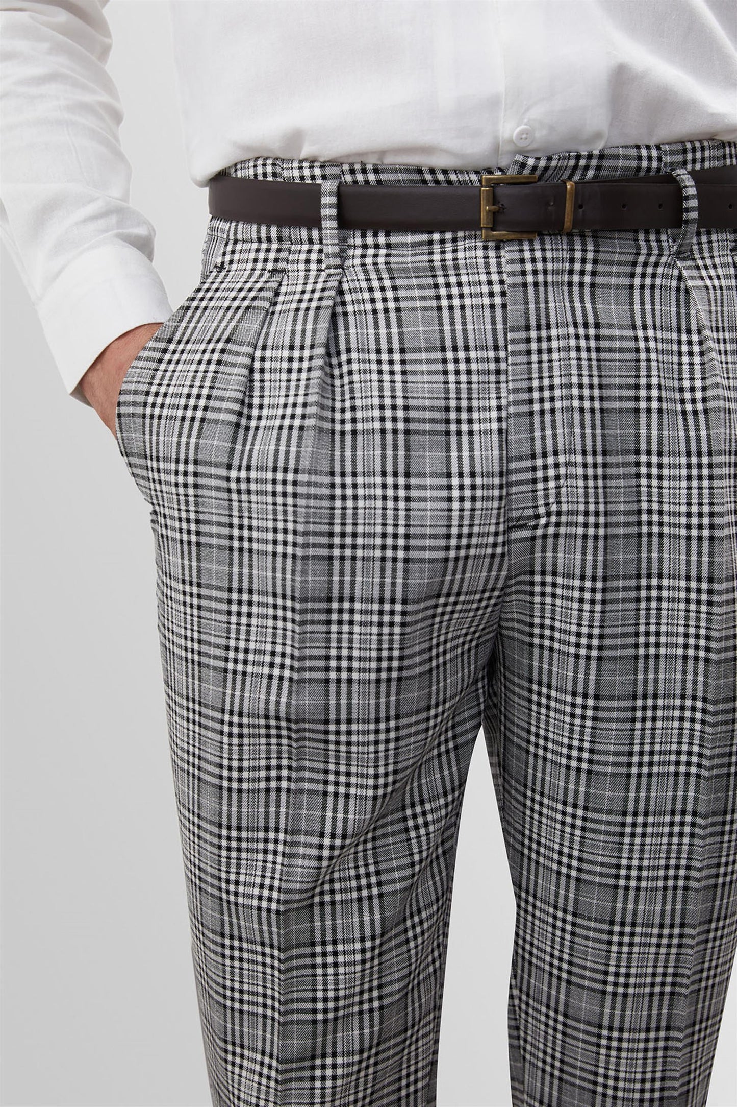 Men's Black Plaid High Waist Belted Trousers