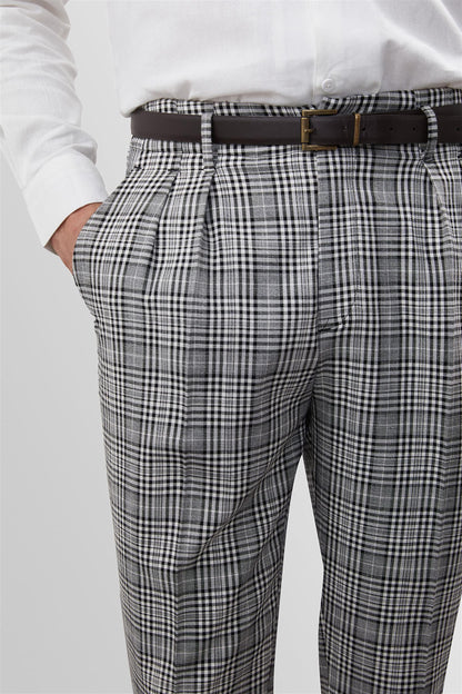 Men's Black Plaid High Waist Belted Trousers