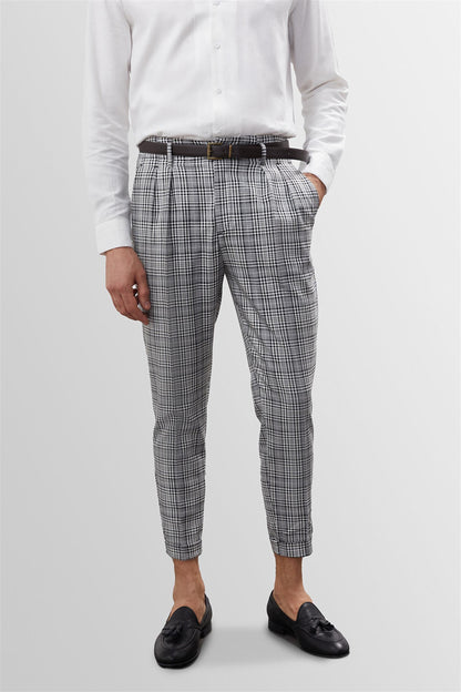 Men's Black Plaid High Waist Belted Trousers