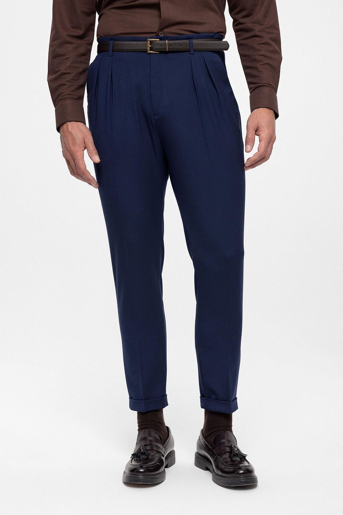 Men's Light Navy Blue High Waist Belted Trousers