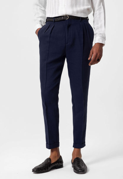 Men's Navy Blue High-Waist Belted Pleated Pants