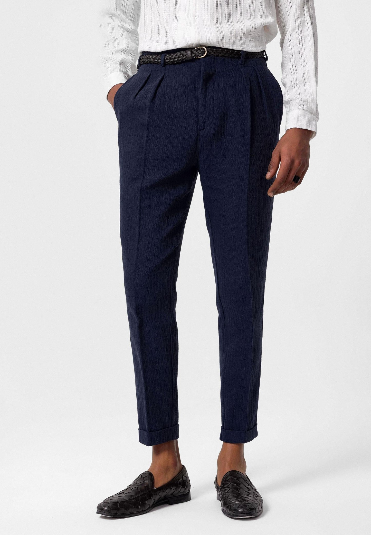 Men's Navy Blue High-Waist Belted Pleated Pants
