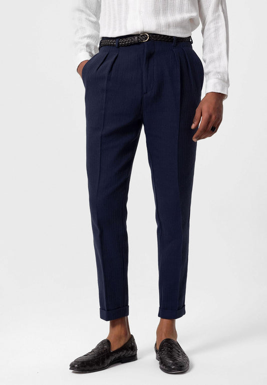 Men's Navy Blue High-Waist Belted Pleated Pants