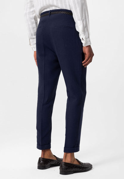 Men's Navy Blue High-Waist Belted Pleated Pants