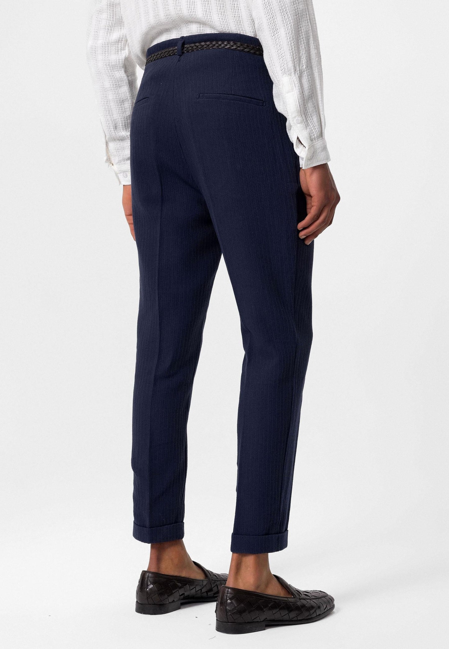 Men's Navy Blue High-Waist Belted Pleated Pants