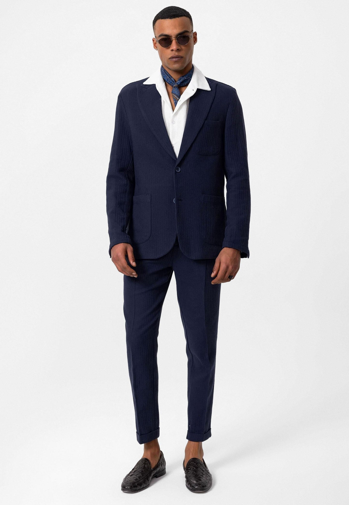 Men's Navy Blue High-Waist Belted Pleated Pants