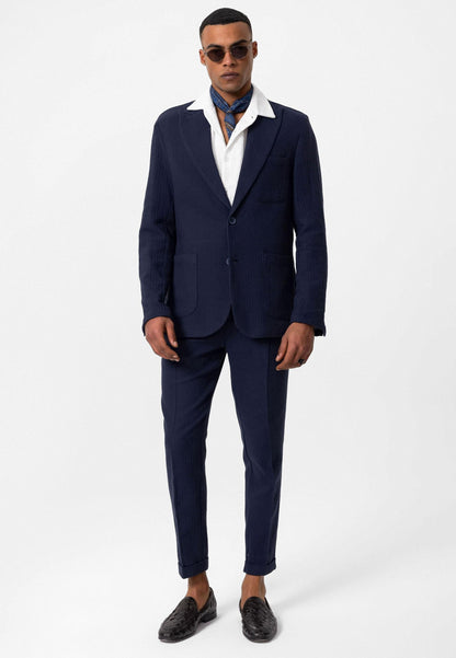 Men's Navy Blue High-Waist Belted Pleated Pants