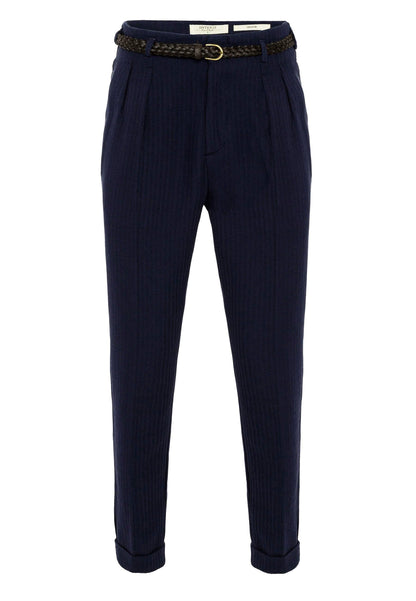 Men's Navy Blue High-Waist Belted Pleated Pants