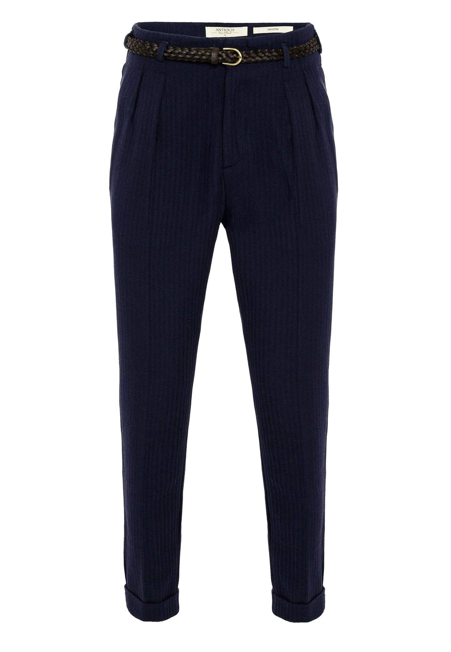 Men's Navy Blue High-Waist Belted Pleated Pants