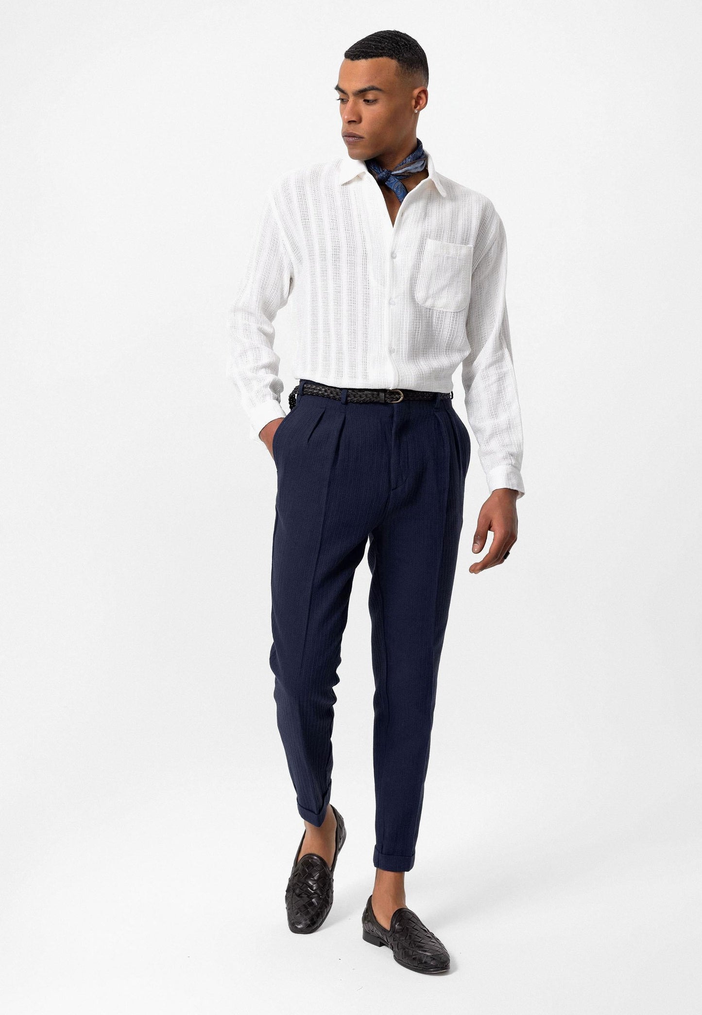 Men's Navy Blue High-Waist Belted Pleated Pants