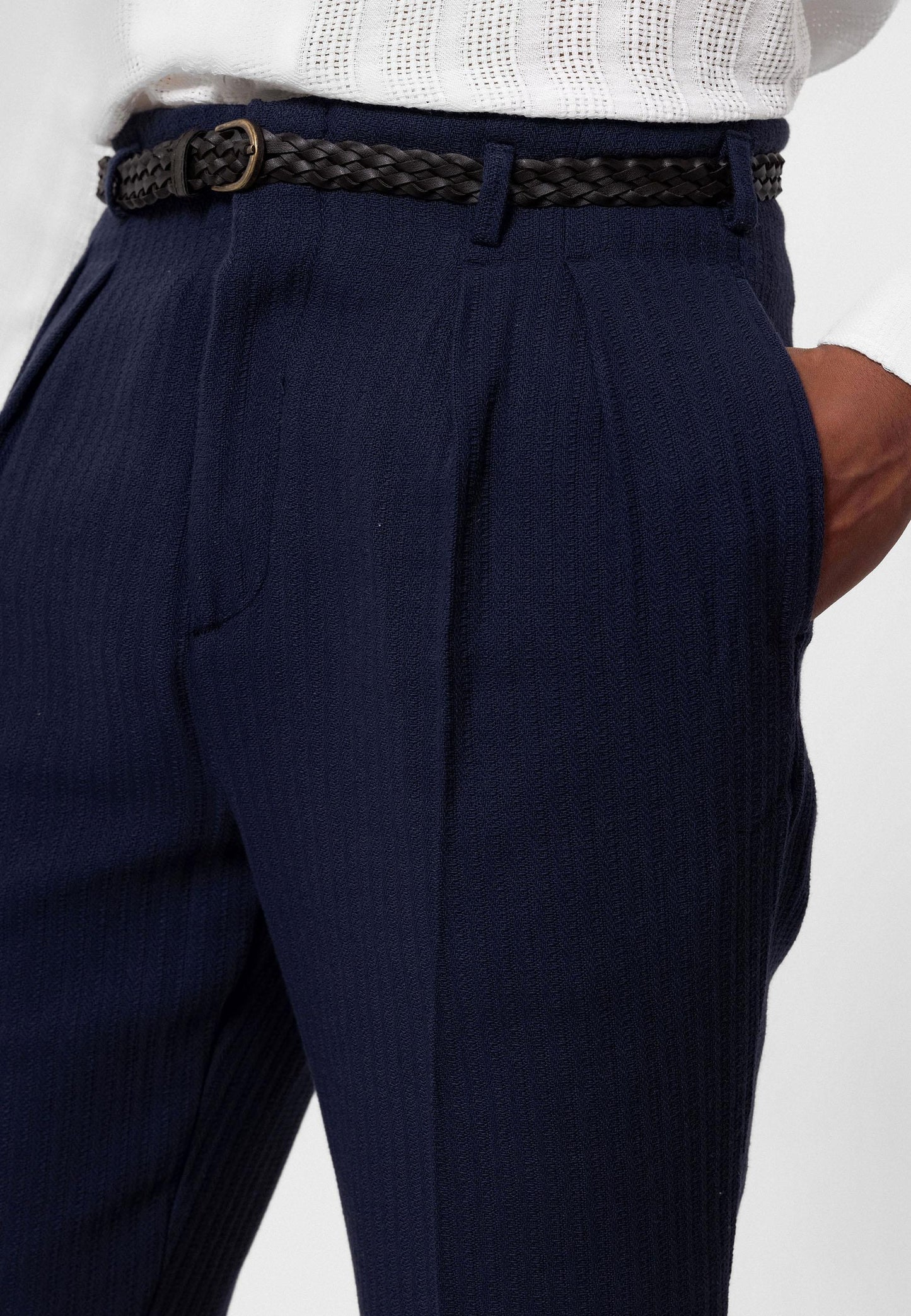 Men's Navy Blue High-Waist Belted Pleated Pants