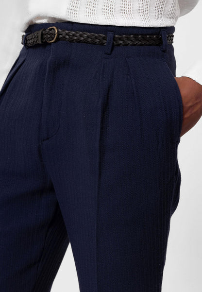 Men's Navy Blue High-Waist Belted Pleated Pants