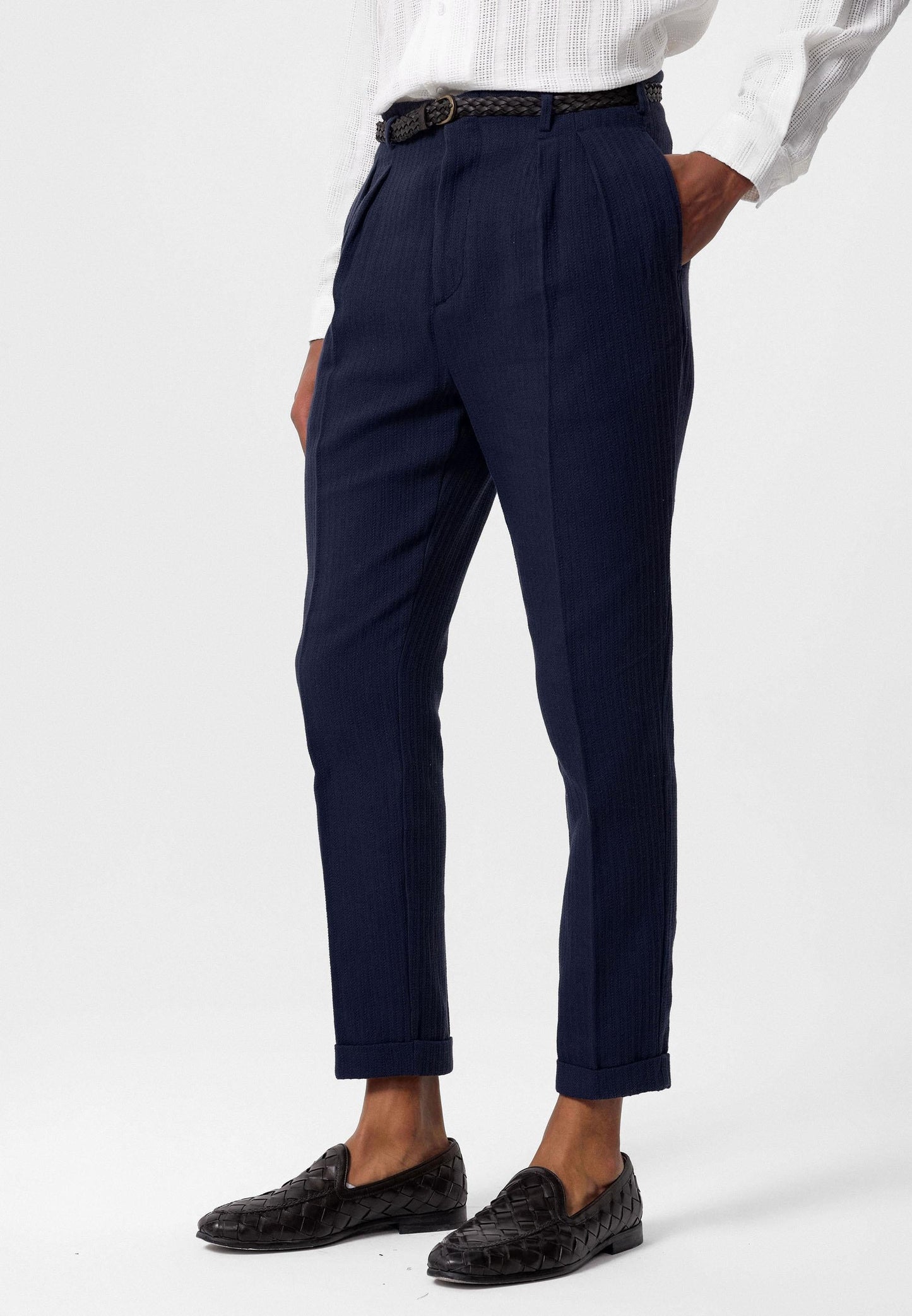 Men's Navy Blue High-Waist Belted Pleated Pants