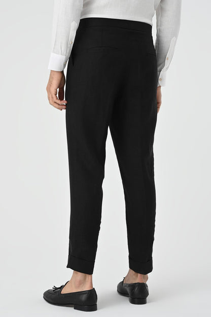 Men's Black High Waist Linen Blend Pleated Trousers