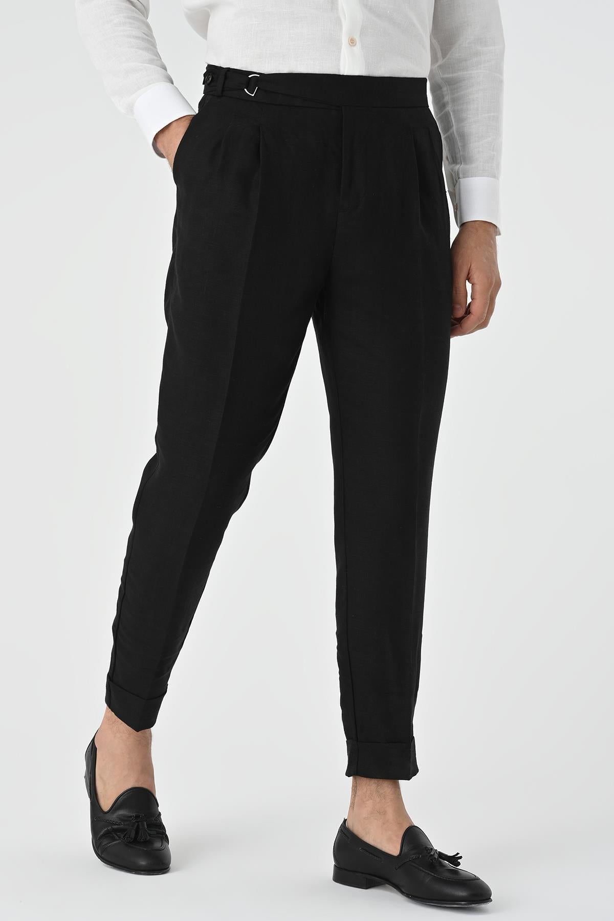 Men's Black High Waist Linen Blend Pleated Trousers