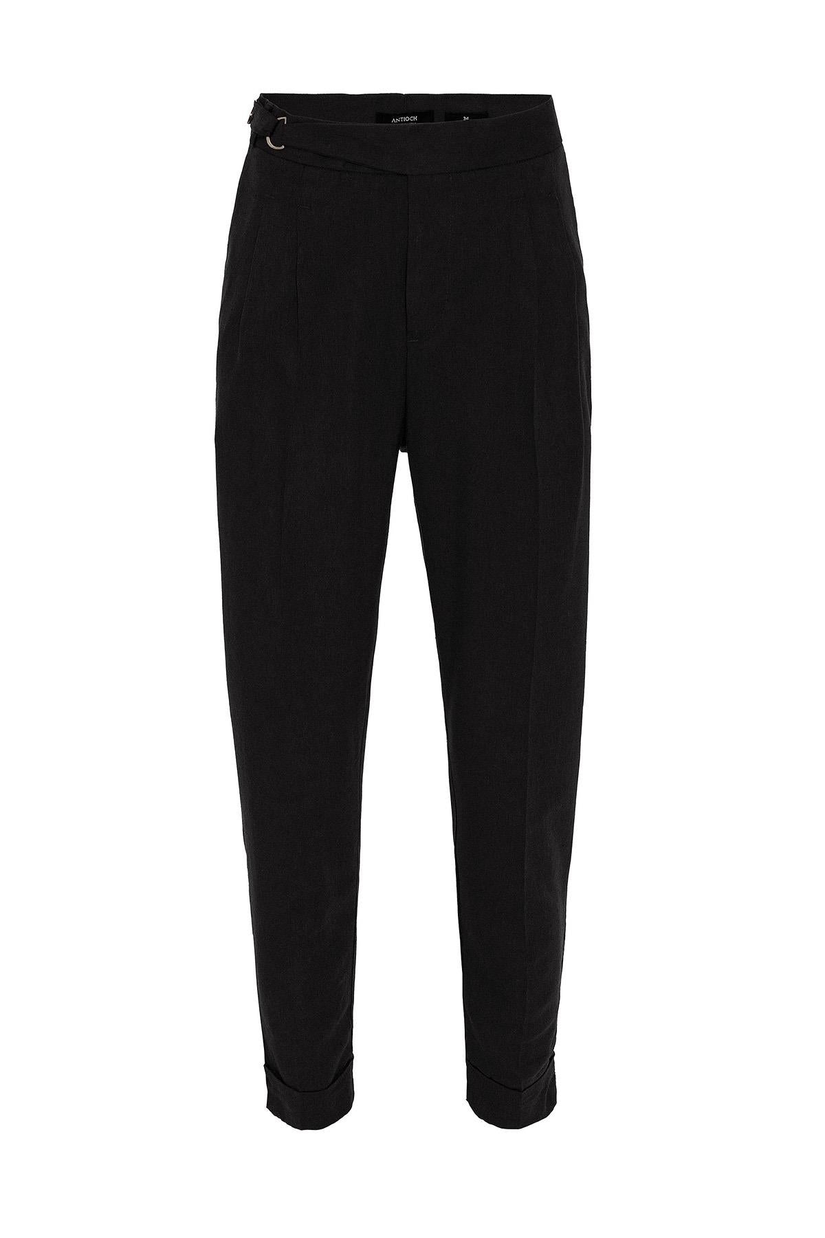 Men's Black High Waist Linen Blend Pleated Trousers