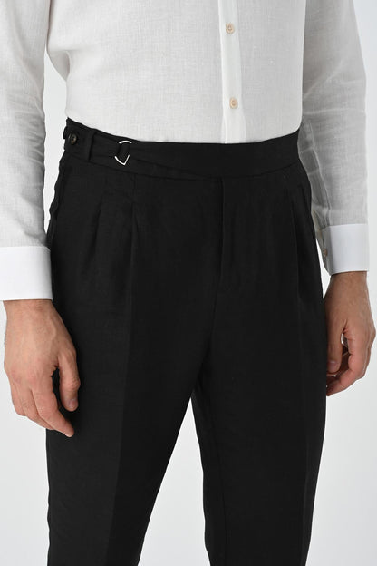 Men's Black High Waist Linen Blend Pleated Trousers