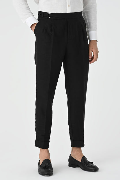Men's Black High Waist Linen Blend Pleated Trousers