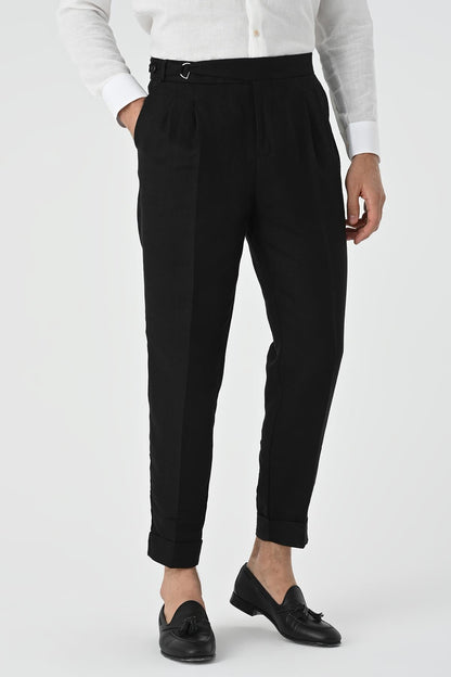 Men's Black High Waist Linen Blend Pleated Trousers