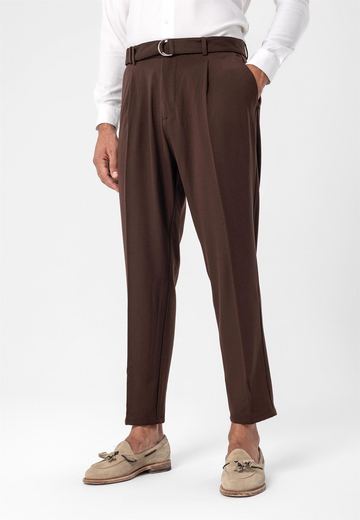 Men's Brown High Waist Girdle Closure Trousers