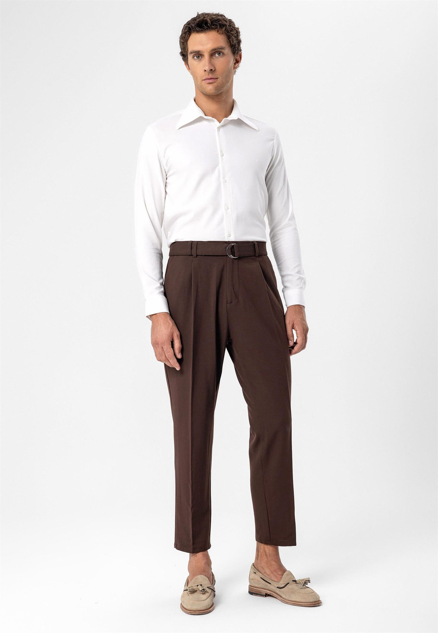 Men's Brown High Waist Girdle Closure Trousers