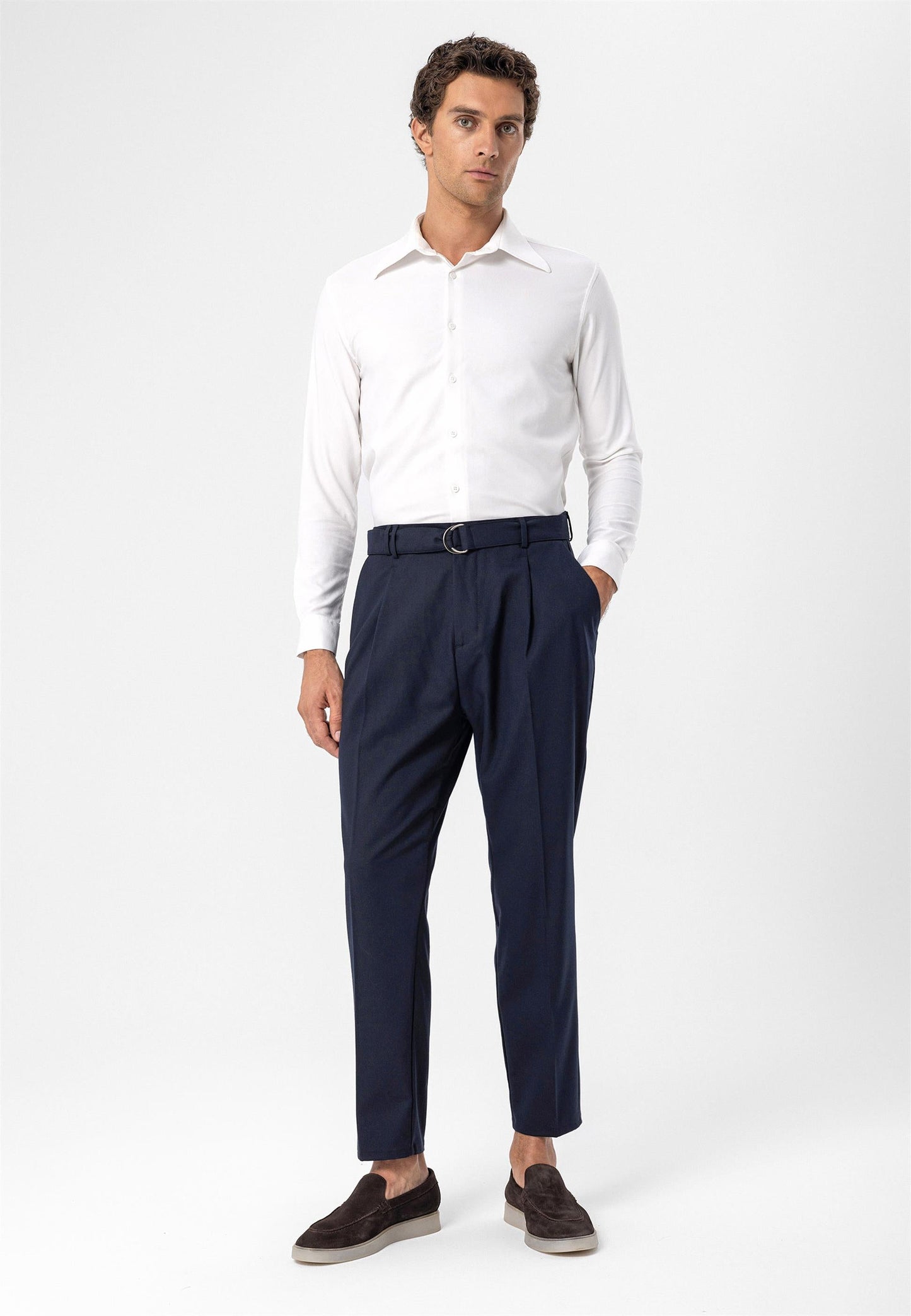 Men's Navy Blue High Waist Girdle Closure Trousers