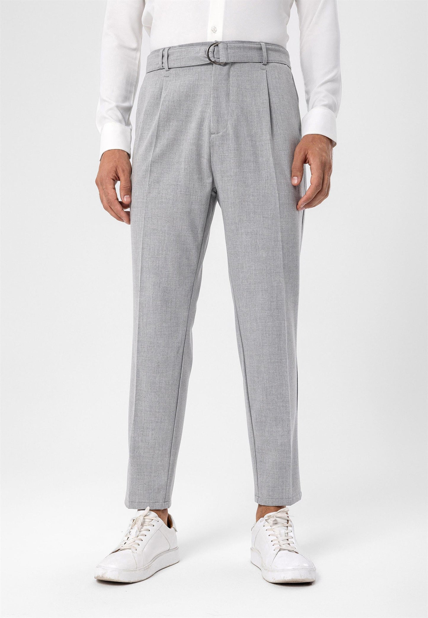 Men's Light Grey High Waist Girdle Closure Trousers