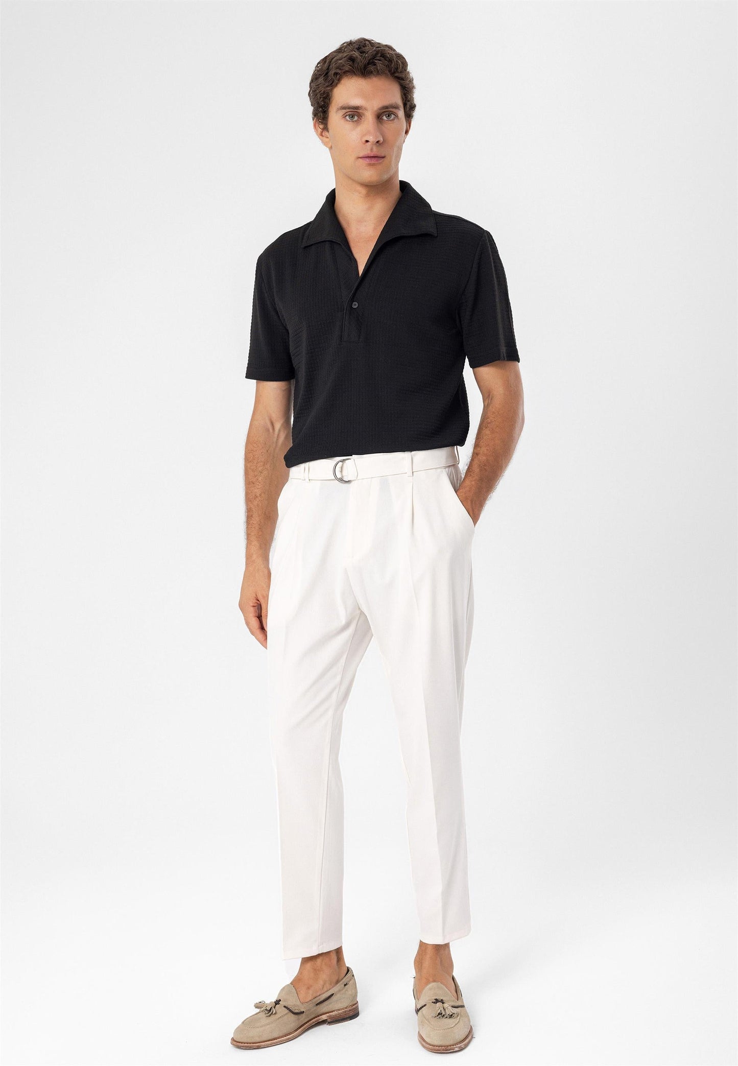 Men's Ecru High Waist Girdle Closure Trousers