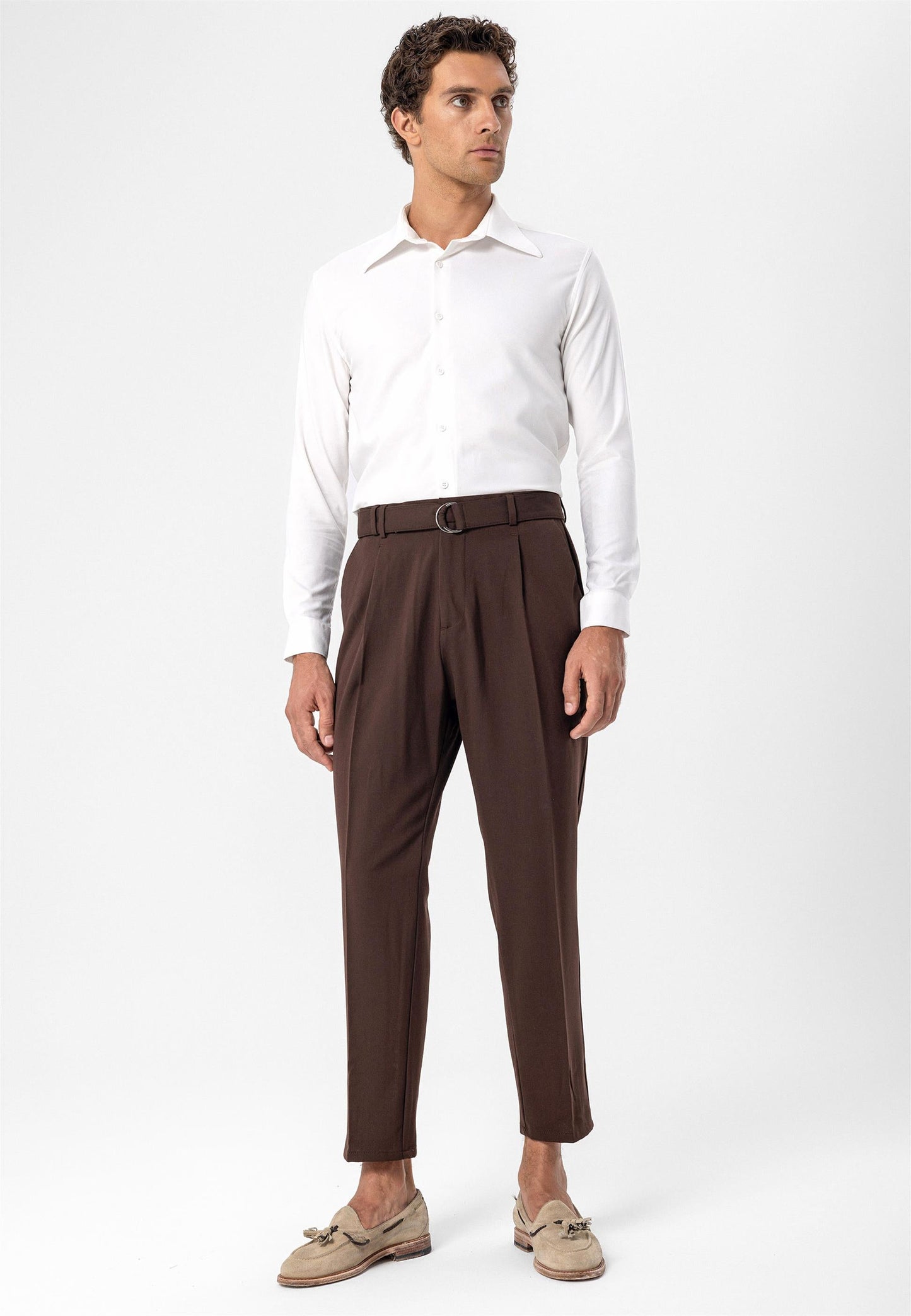 Men's Brown High Waist Girdle Closure Trousers