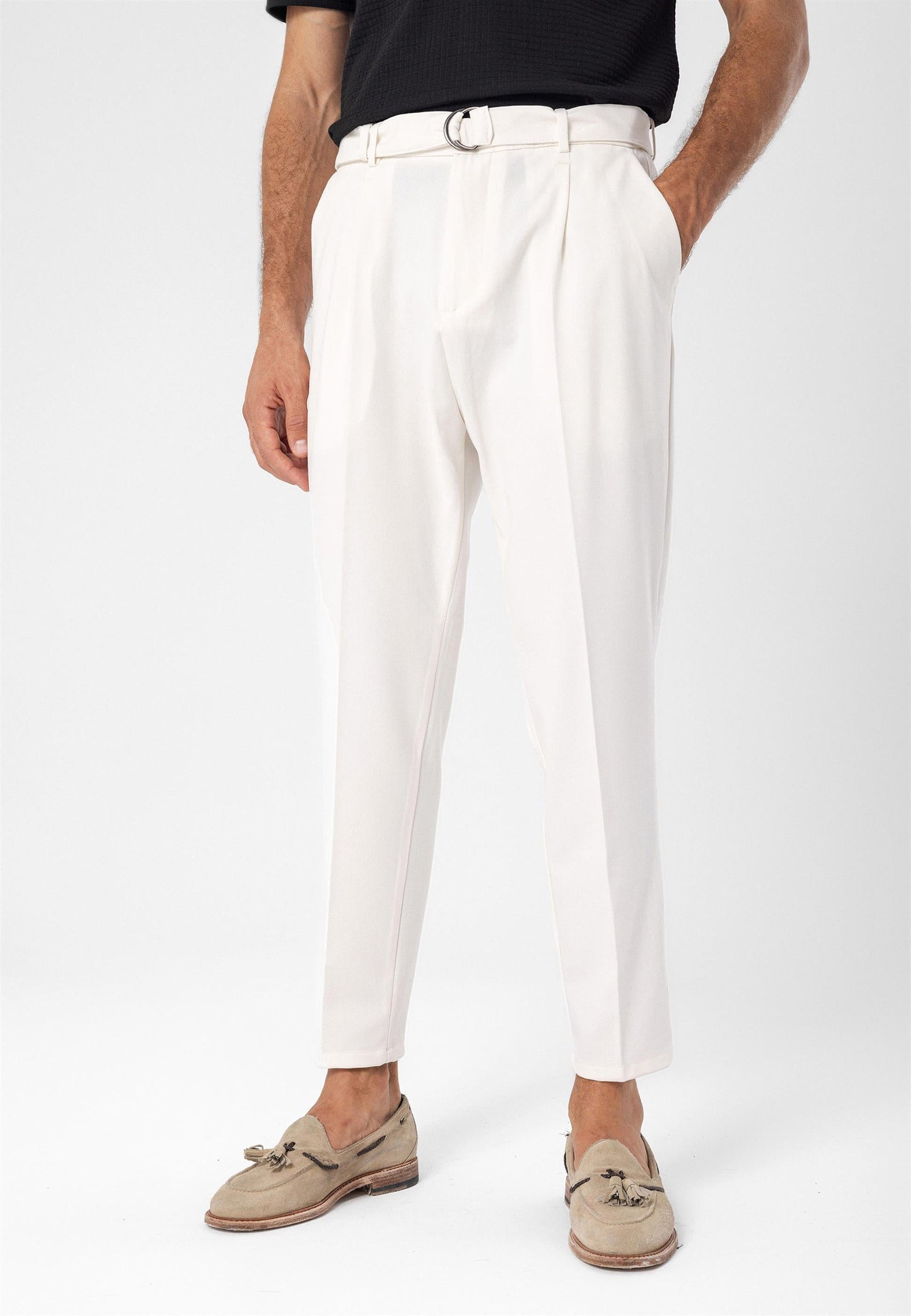 Men's Ecru High Waist Girdle Closure Trousers