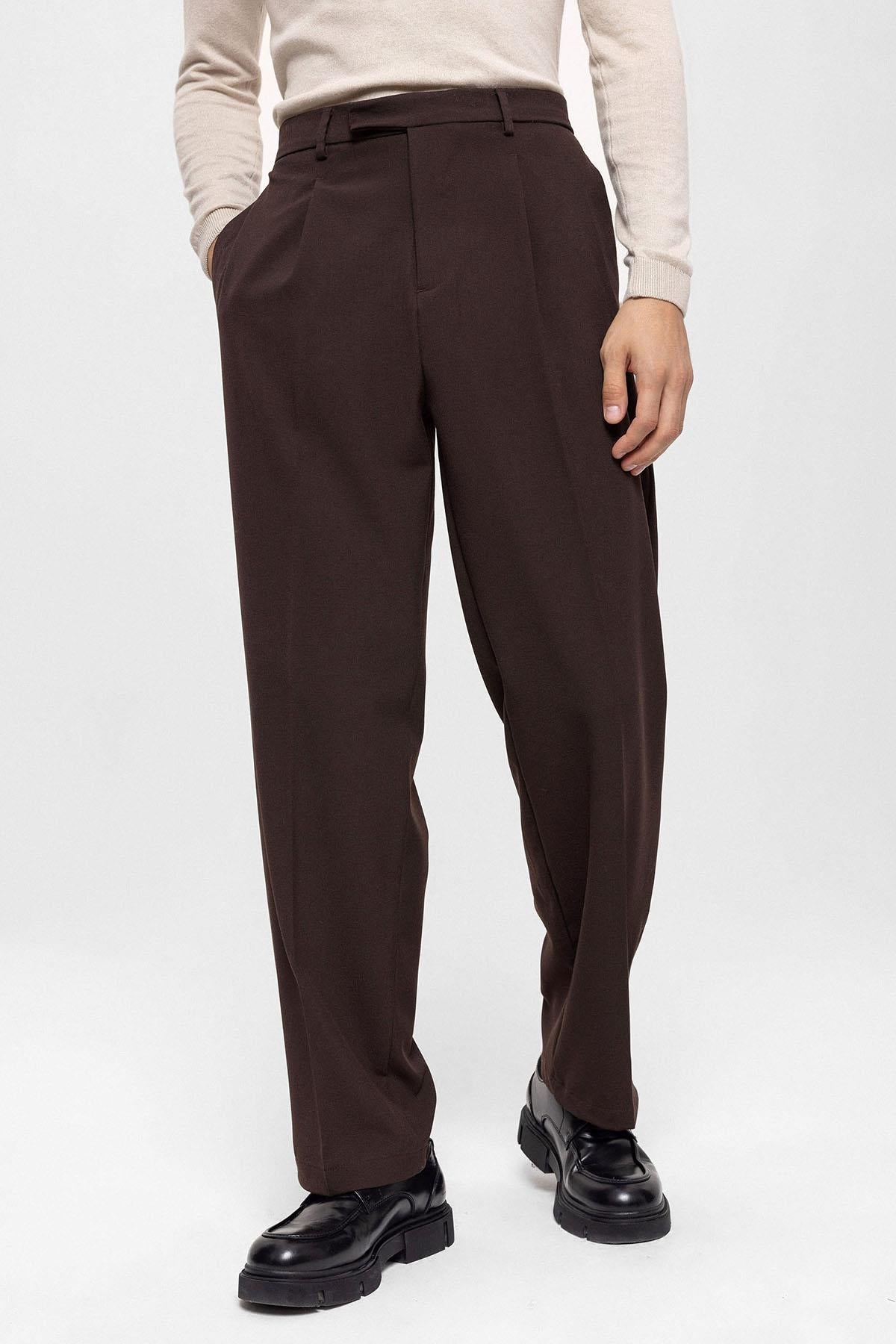 Men's Brown High Waist Zippered Trousers